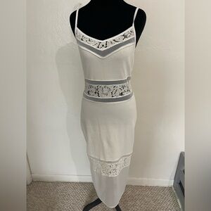 French Connection White Mixi Dress with Lace & Mesh Details - Size 4